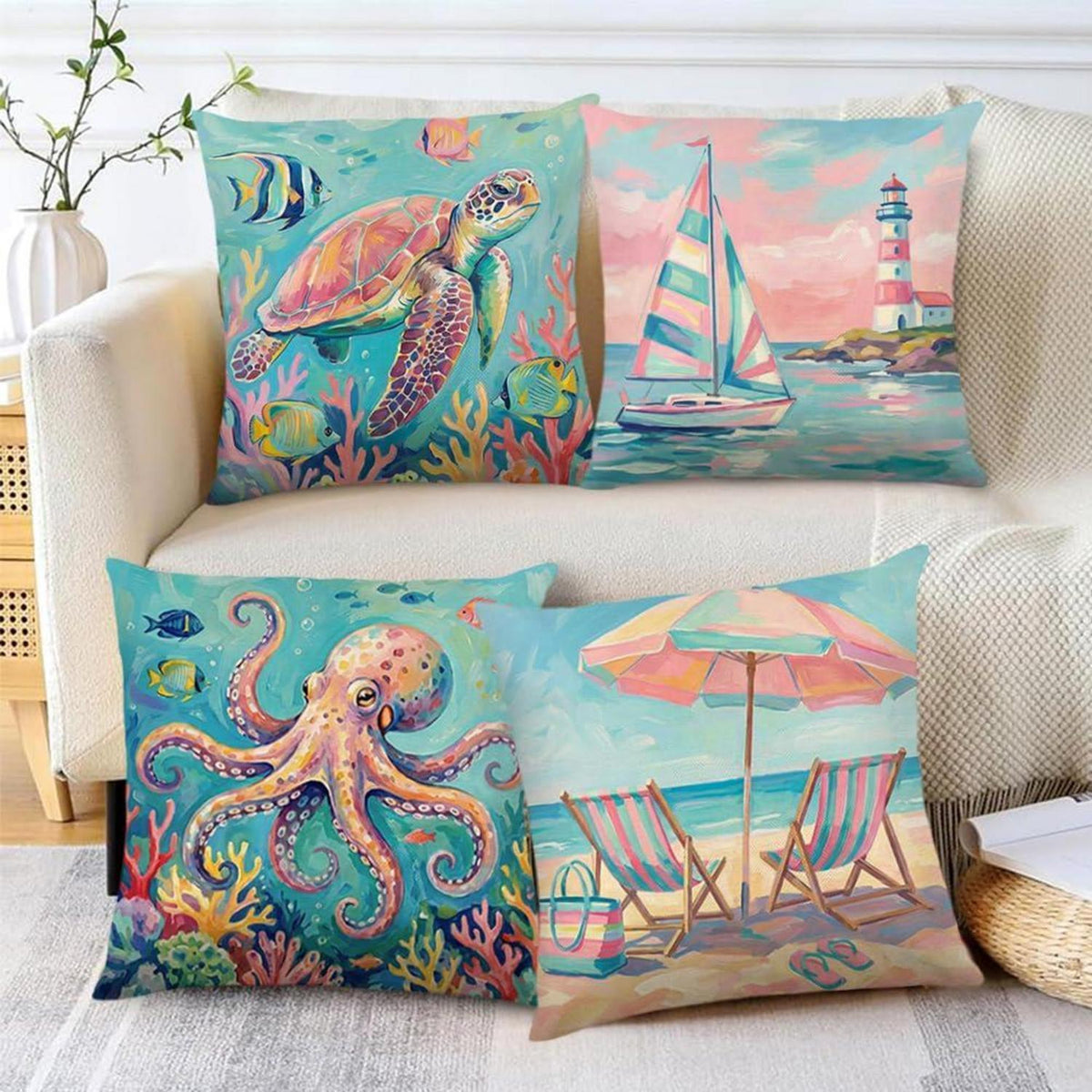 4er-Set Maritime Kissenbezüge 40x40cm - Ozean Dekor