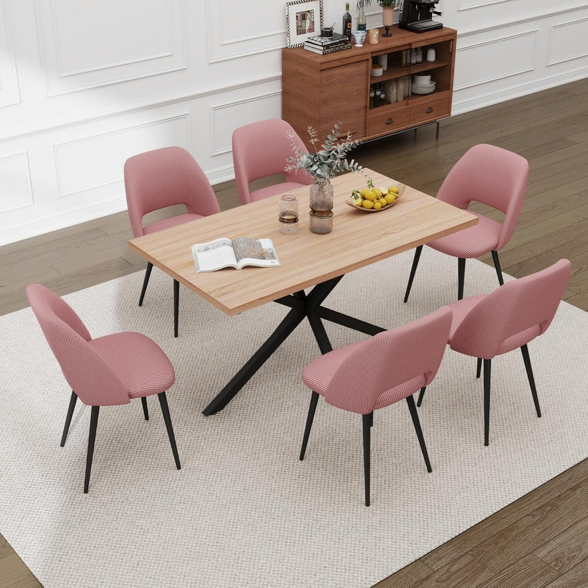 Esstisch Set mit 6 Cord-Stühlen – Modern & Rosa