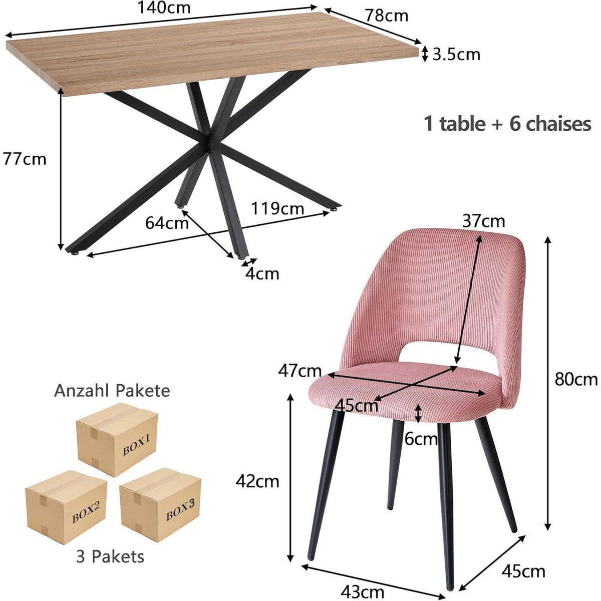 Esstisch Set mit 6 Cord-Stühlen – Modern & Rosa
