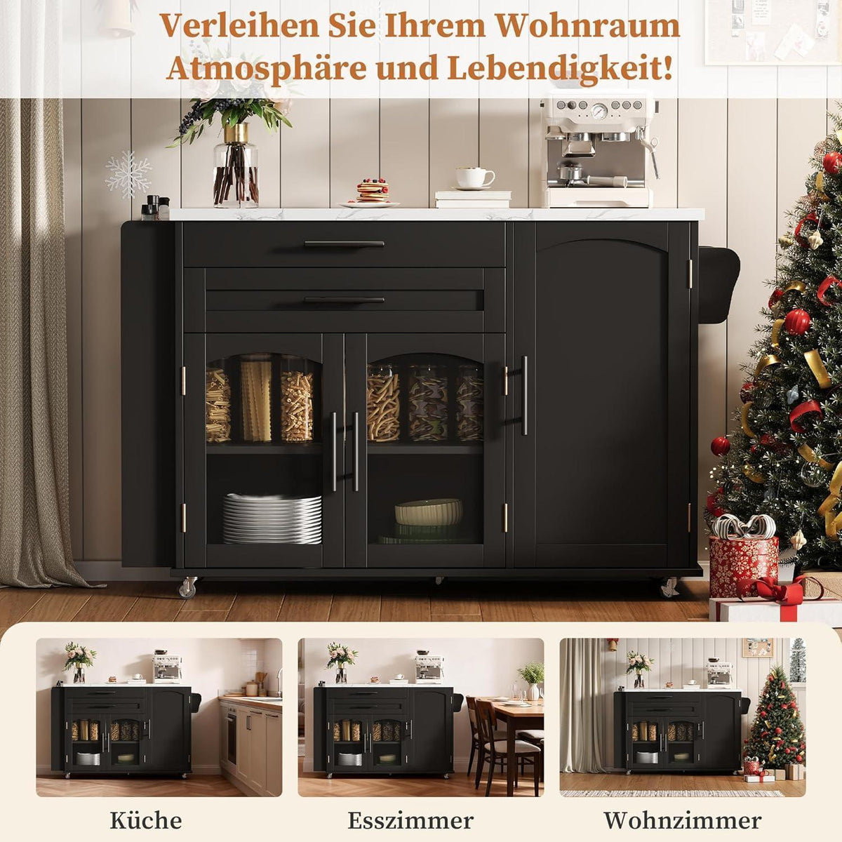 Küchenwagen mit Rollen & Klappplatte – Servierwagen Schwarz