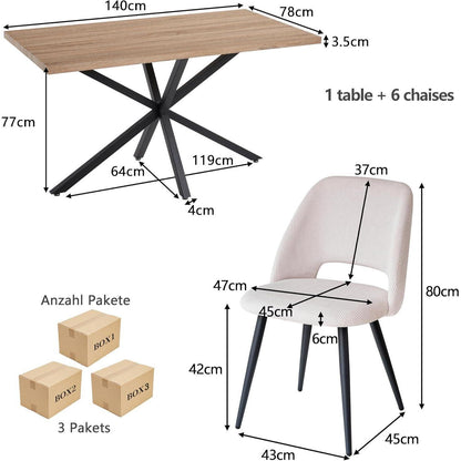 Moderner Esstisch Set mit 6 Cord-Stühlen – 140x80cm