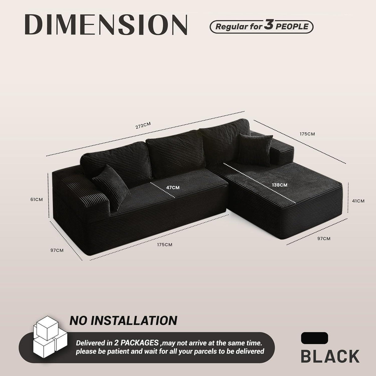 Modulares Schlafsofa L-Form Schwarz mit Recamiere rechts