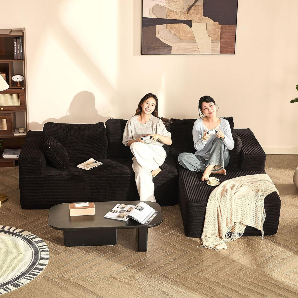 Modulares Schlafsofa L-Form Schwarz mit Recamiere rechts
