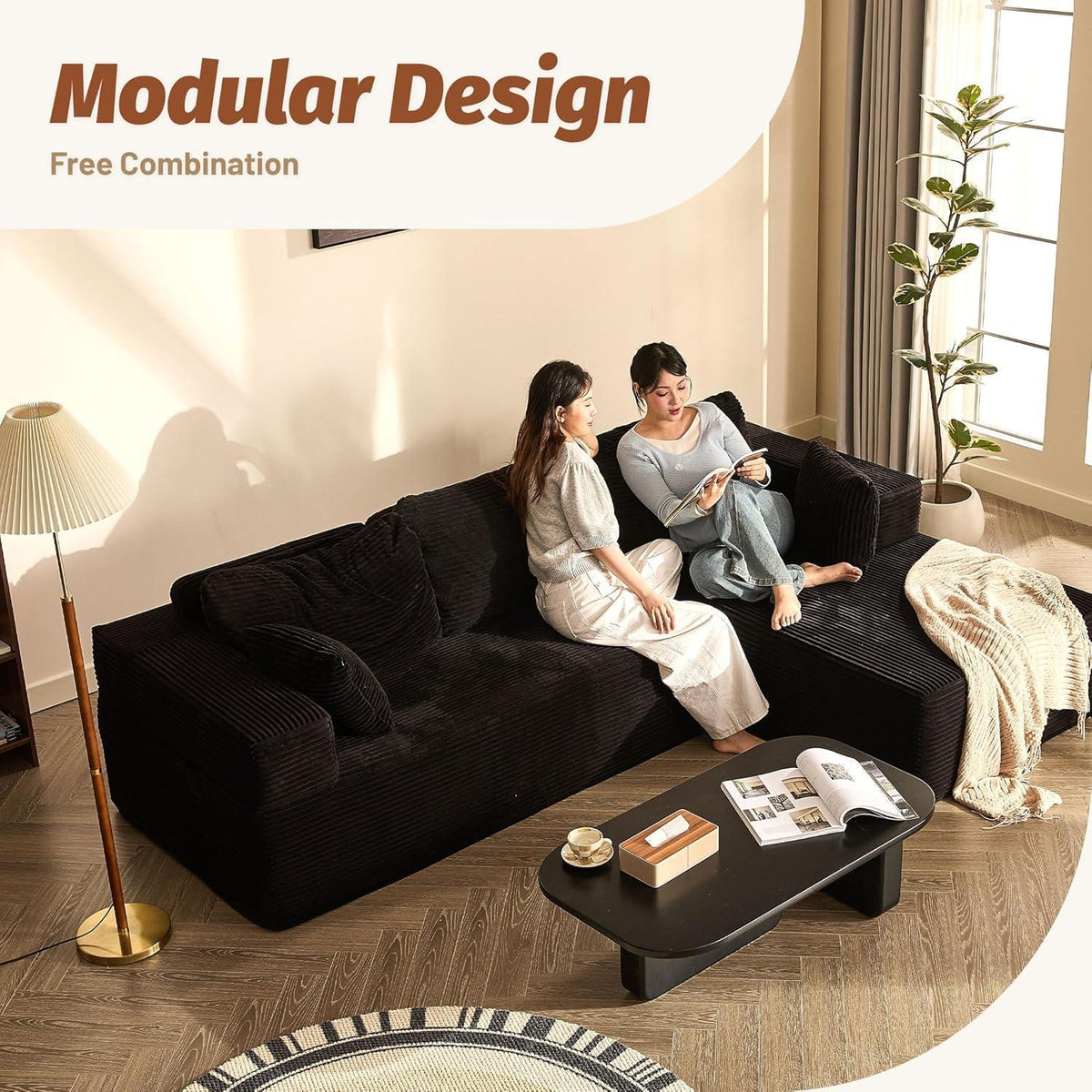 Modulares Schlafsofa L-Form Schwarz mit Recamiere rechts