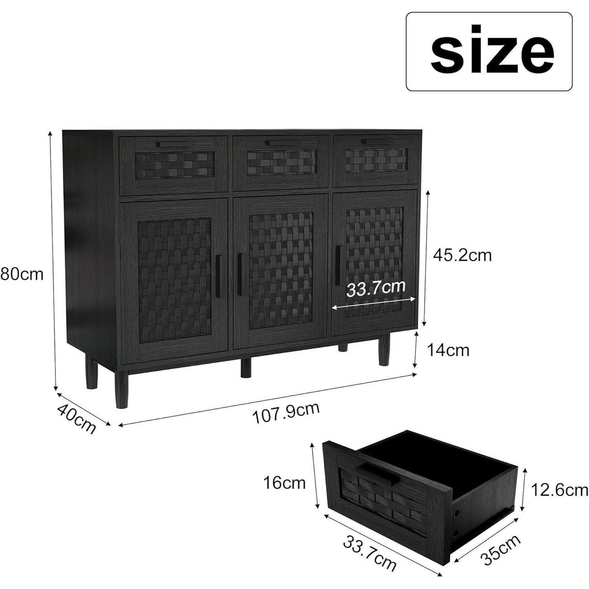 Boho Sideboard Schwarz 108x40x80cm – 3 Schubladen & 3 Türen