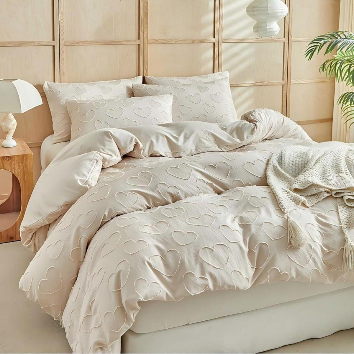 Bettwäsche-Set Boho Beige mit Herz-Stickerei 200x220cm