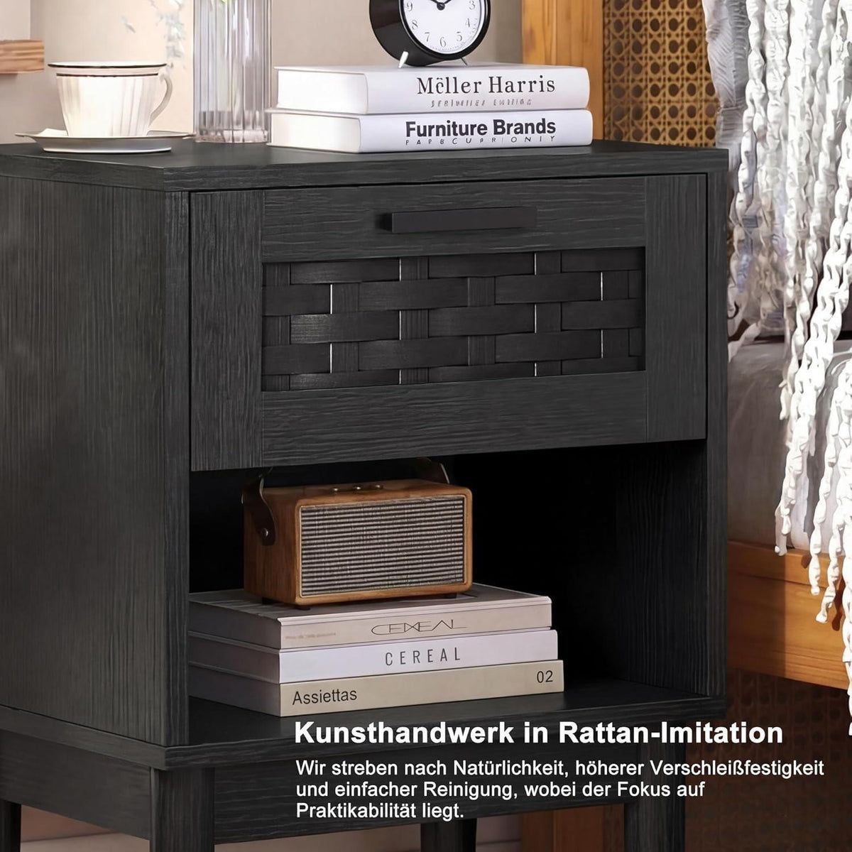 Rattan Nachttisch 2er Set Schwarz – Boho Beistelltisch mit Schublade