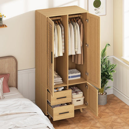 Rattankleiderschrank mit Stange & 2 Schubladen – 80x52x176cm