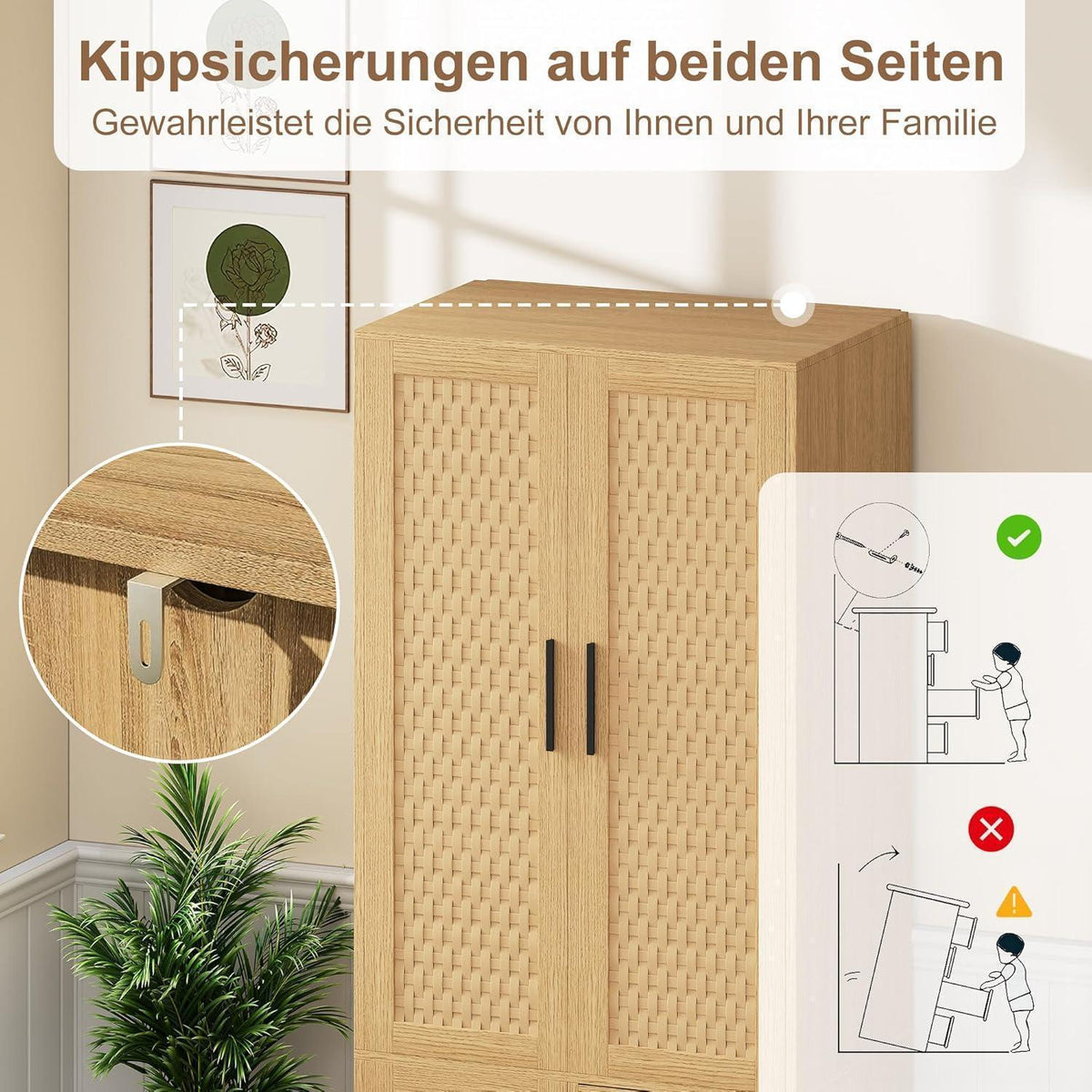 Rattankleiderschrank mit Stange & 2 Schubladen – 80x52x176cm