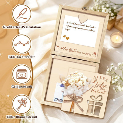 Holz Geldgeschenk Hochzeit mit Karte & Lichterkette