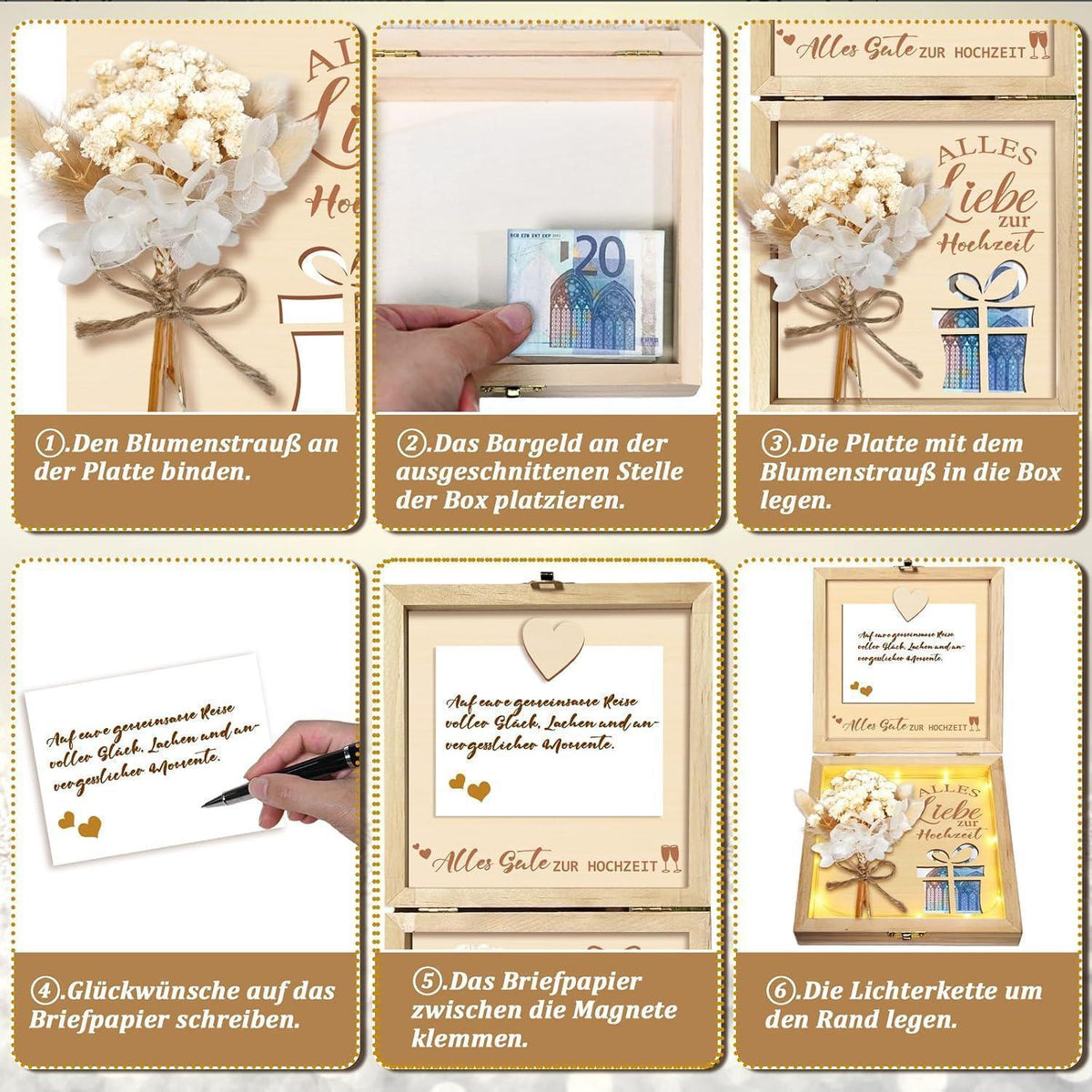 Holz Geldgeschenk Hochzeit mit Karte & Lichterkette