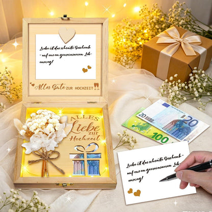 Holz Geldgeschenk Hochzeit mit Karte & Lichterkette