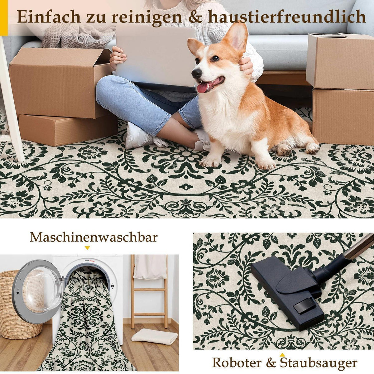 Vintage Teppich Schwarz 200x300cm - Waschbarer Wohnzimmerteppich