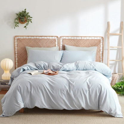 Baumwoll Bettwäsche Set gestreift blau weiß 220x240cm