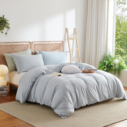 Baumwoll Bettwäsche Set gestreift blau weiß 220x240cm