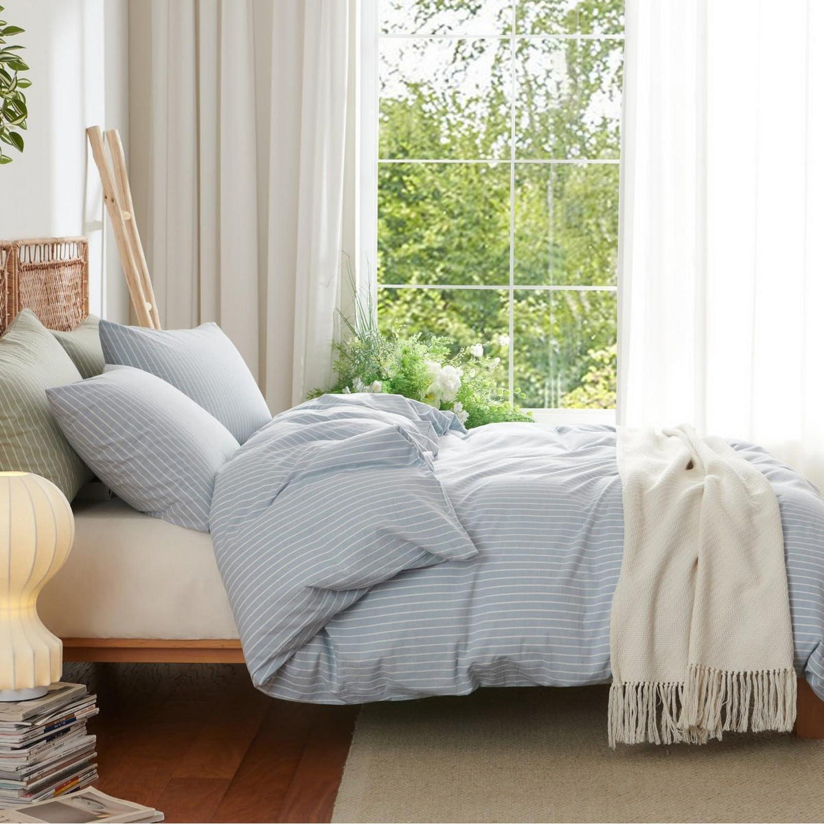 Baumwoll Bettwäsche Set gestreift blau weiß 220x240cm