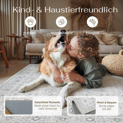 Waschbarer Wohnzimmerteppich Grau 200x300cm – Vintage Design