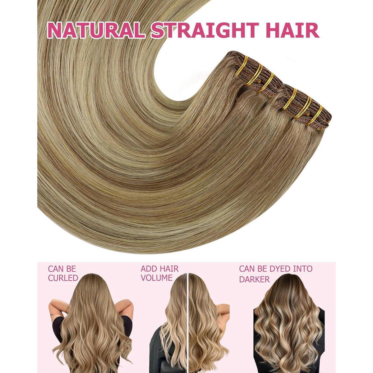 Echthaar Clip-Ins Ombre Hellbraun-Platinblond 60cm