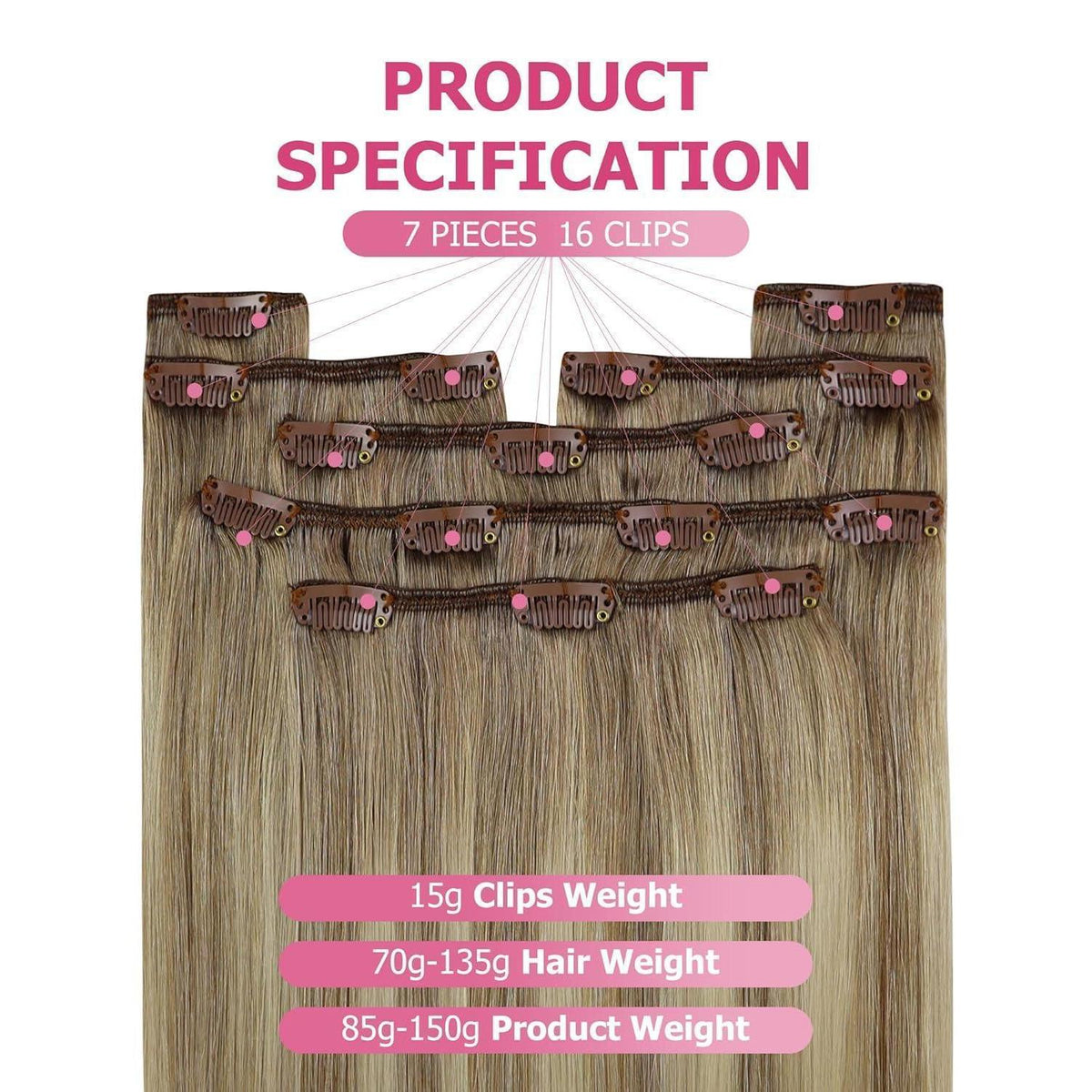 Echthaar Clip-Ins Ombre Hellbraun-Platinblond 60cm
