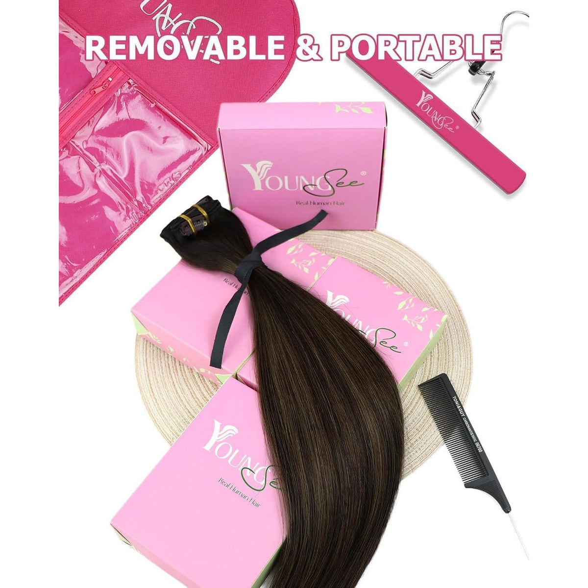 Clip-in Echthaar Extensions Balayage Dunkelbraun-Hellbraun 60cm