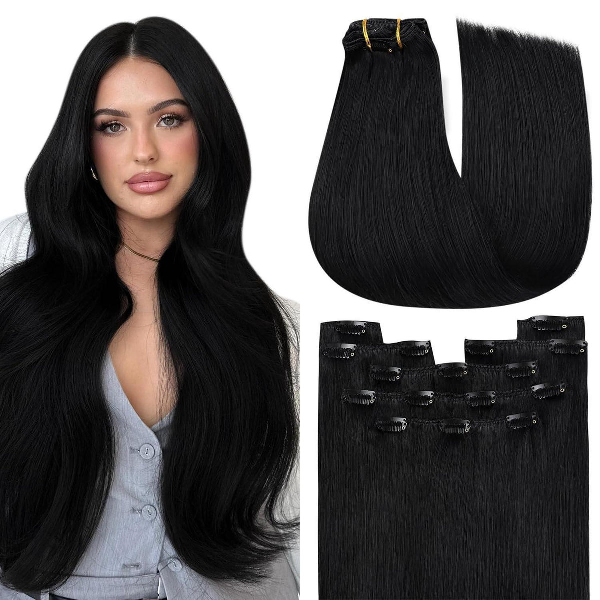 Echthaar Clip-in Extension Schwarz 60cm – 150g Volumen