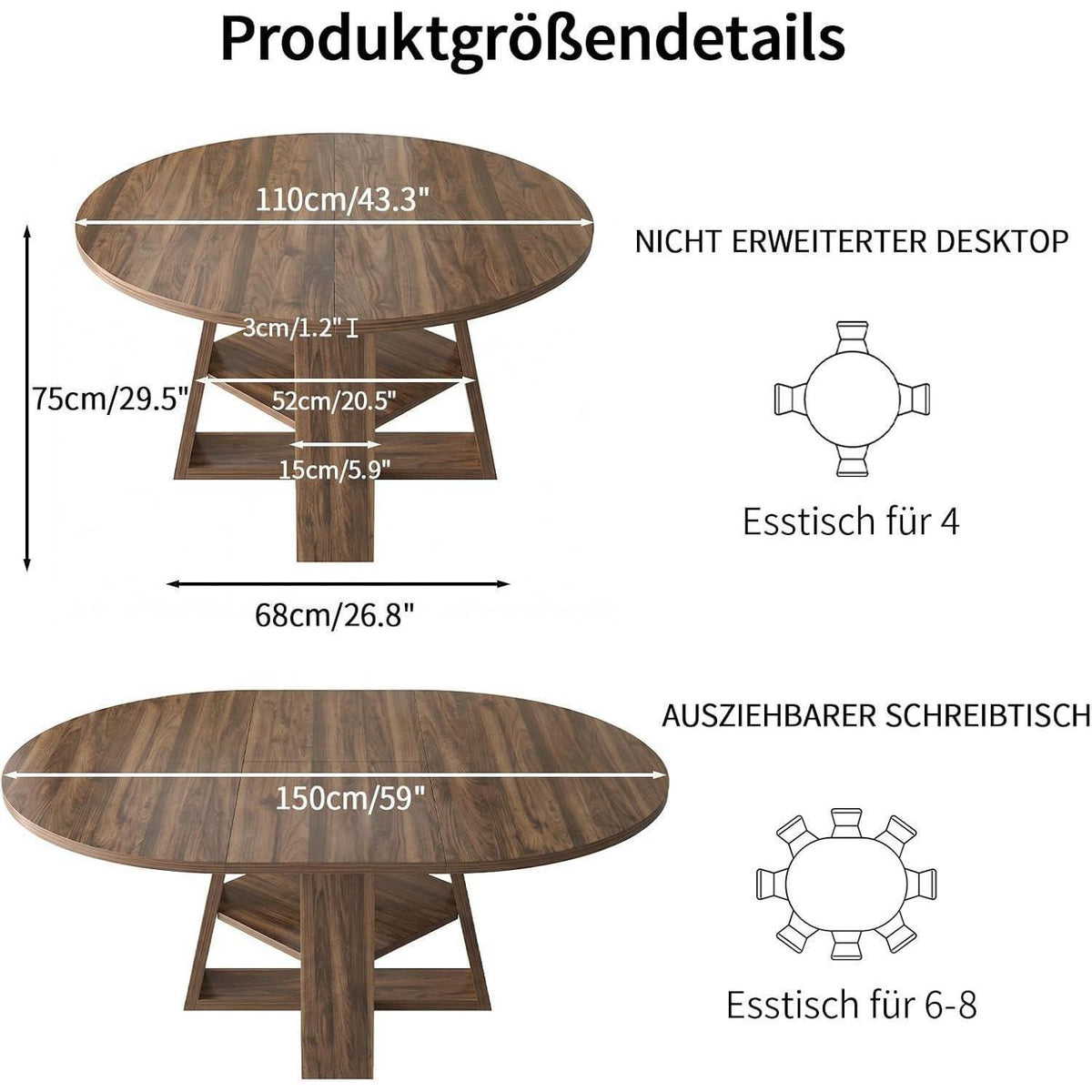 Ausziehbarer Esstisch rund-oval mit Stauraum