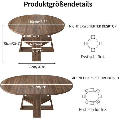 Ausziehbarer Esstisch rund-oval mit Stauraum