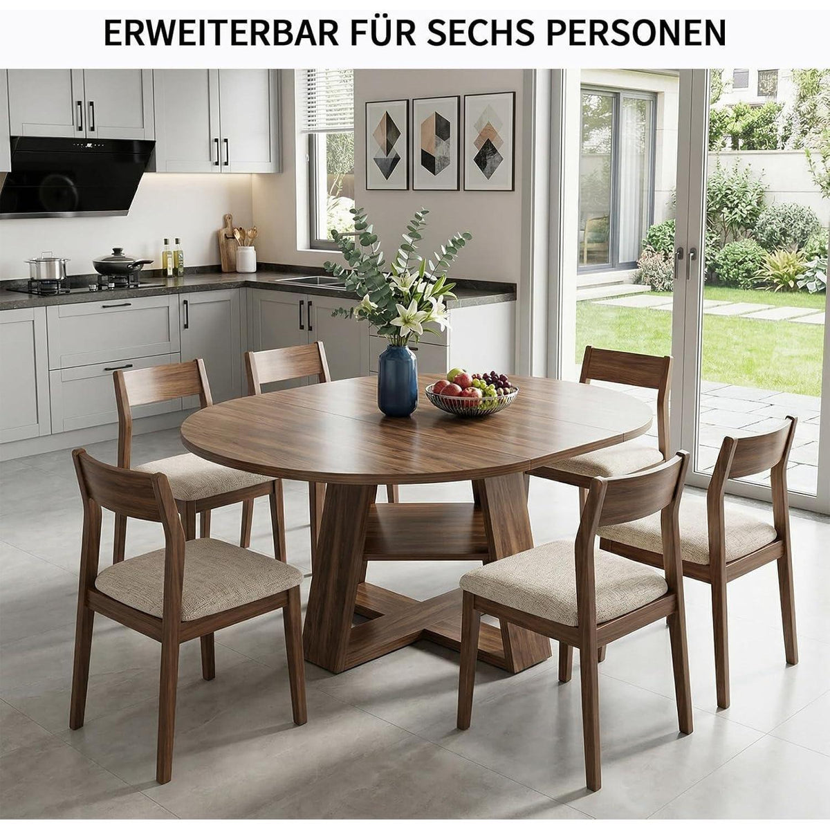 Ausziehbarer Esstisch rund-oval mit Stauraum