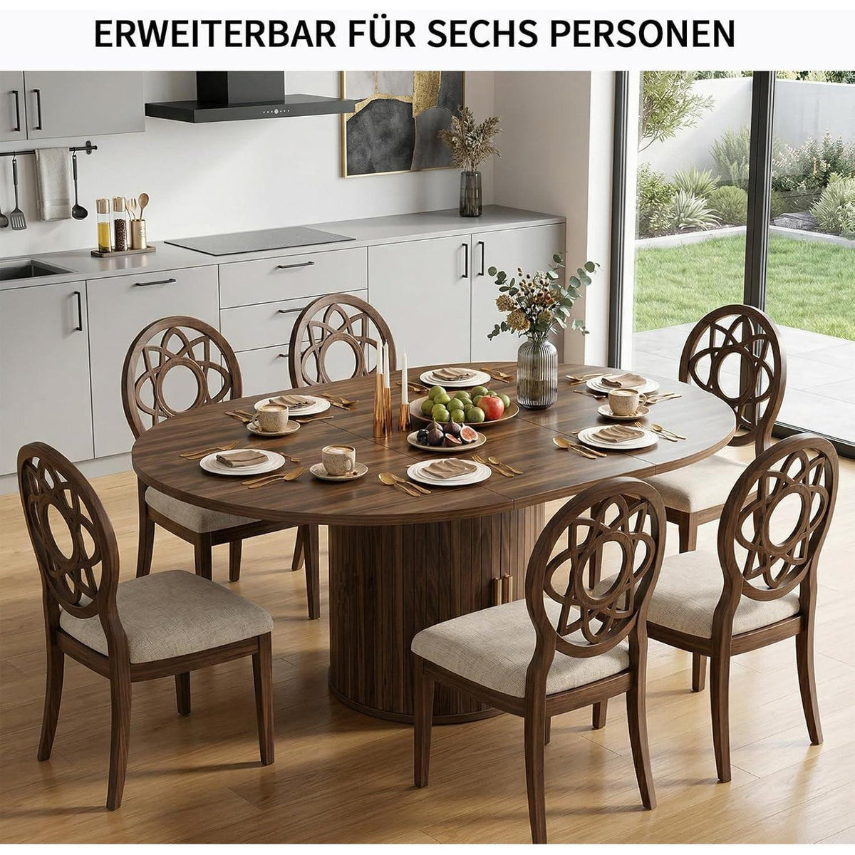 Ausziehbarer Esstisch rund-oval mit Stauraum