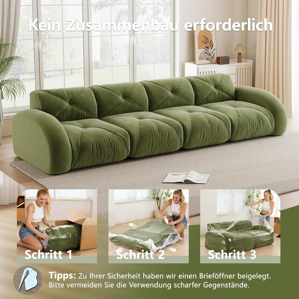 Modernes 4-Sitzer Cord Sofa Grün | Rahmenlos, Chenille, Komfort