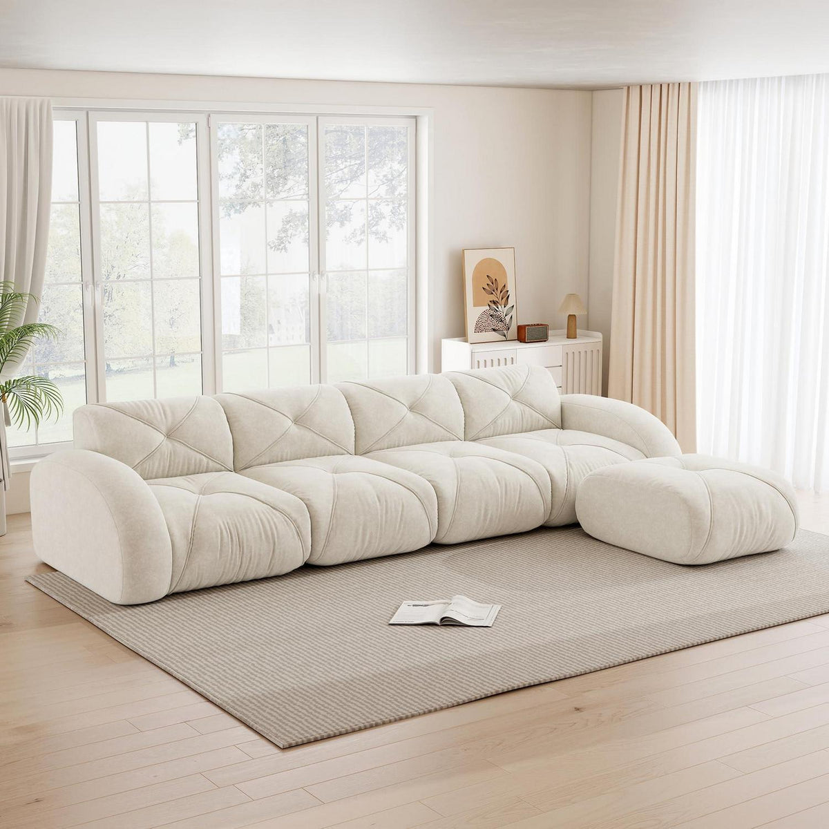 Modulares L-Sofa 4-Sitzer mit Fußhocker, Chenille Weiß