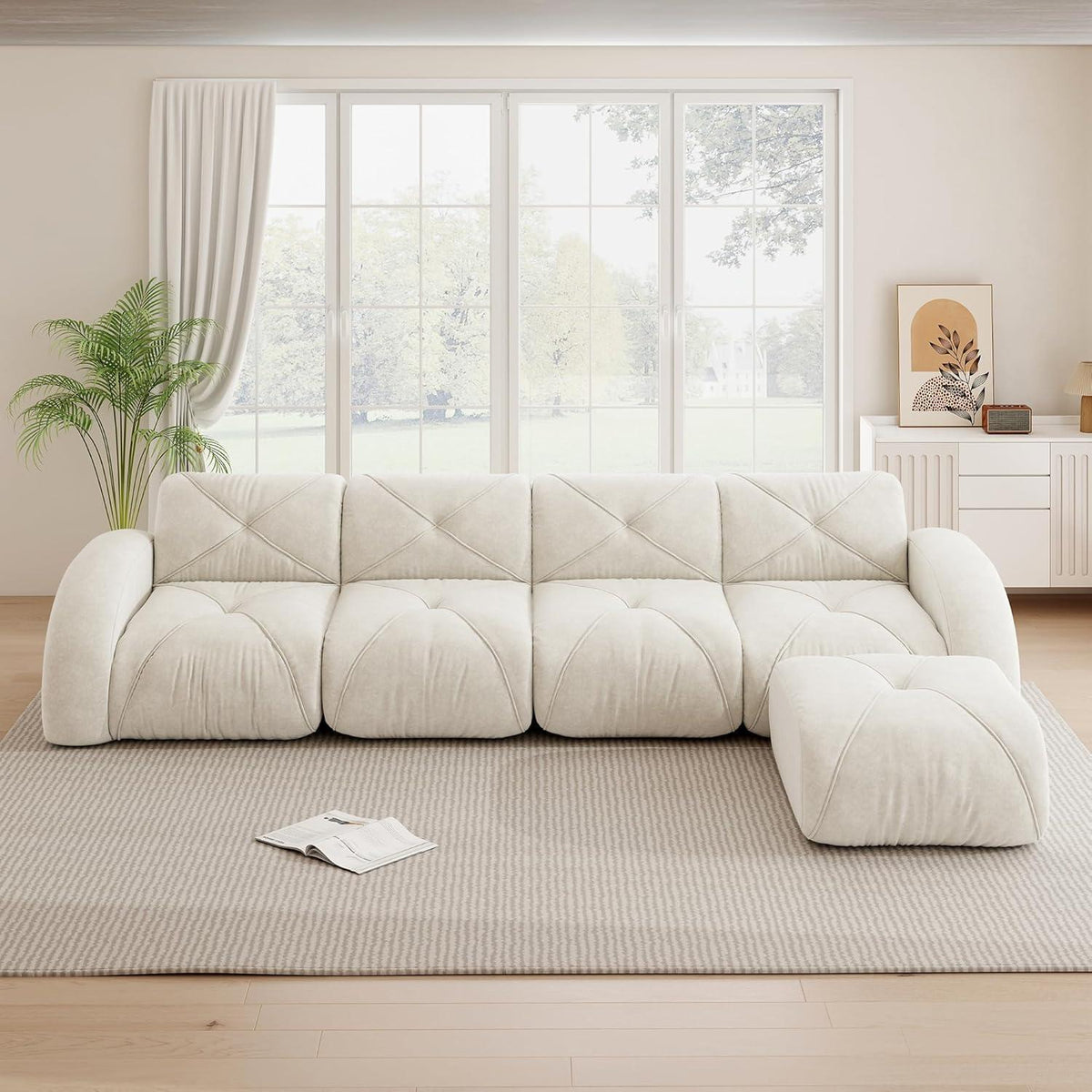 Modulares L-Sofa 4-Sitzer mit Fußhocker, Chenille Weiß