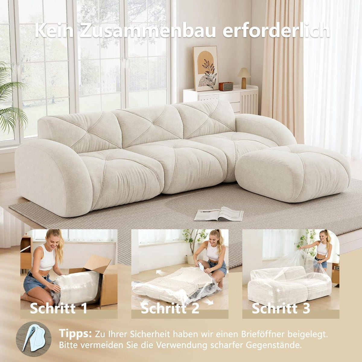Modulares L-Sofa 4-Sitzer mit Fußhocker, Chenille Weiß