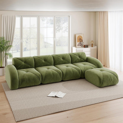 Großes L-förmiges Cord Sofa 4-Sitzer mit Fußhocker (Grün)