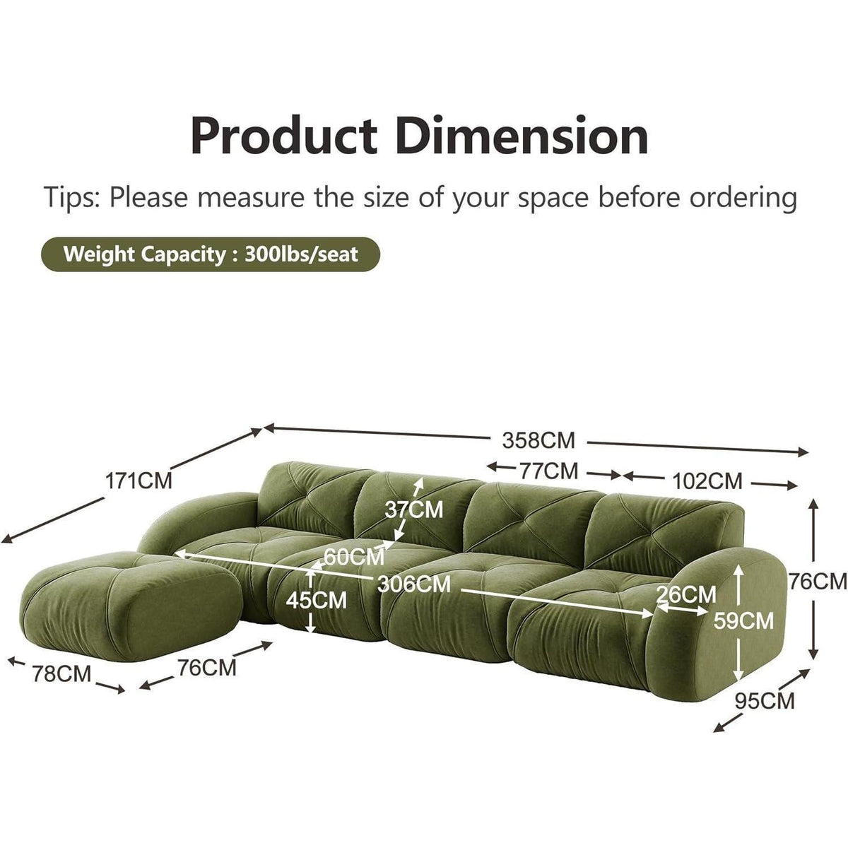 Großes L-förmiges Cord Sofa 4-Sitzer mit Fußhocker (Grün)