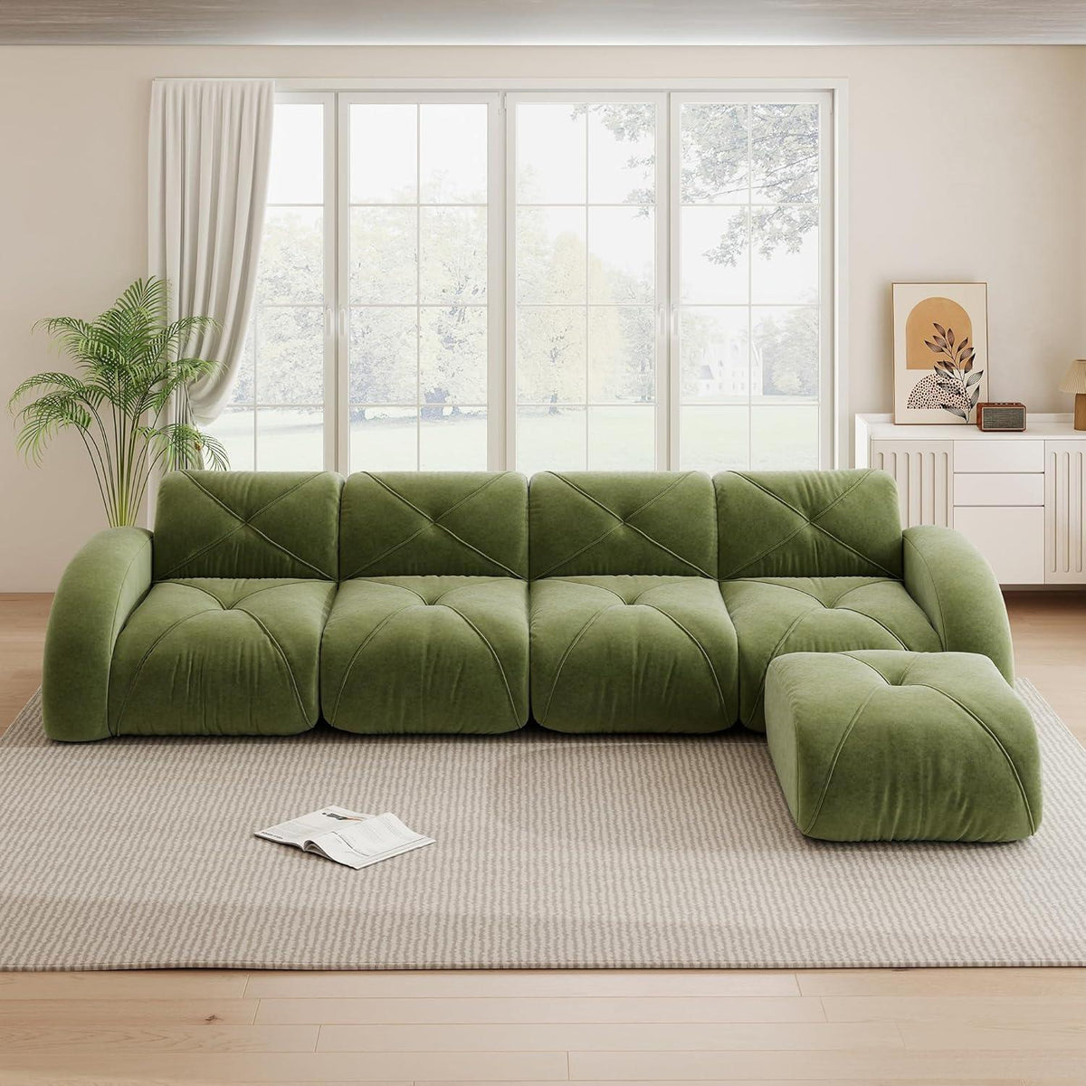 Großes L-förmiges Cord Sofa 4-Sitzer mit Fußhocker (Grün)