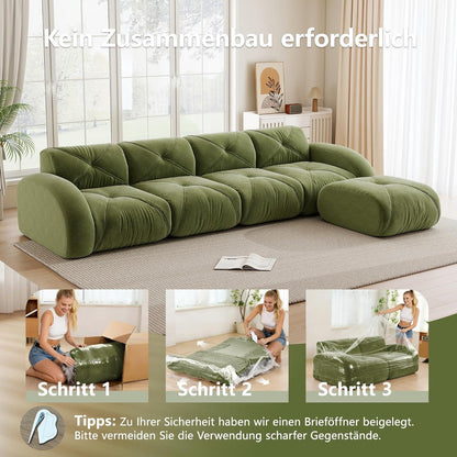 Großes L-förmiges Cord Sofa 4-Sitzer mit Fußhocker (Grün)