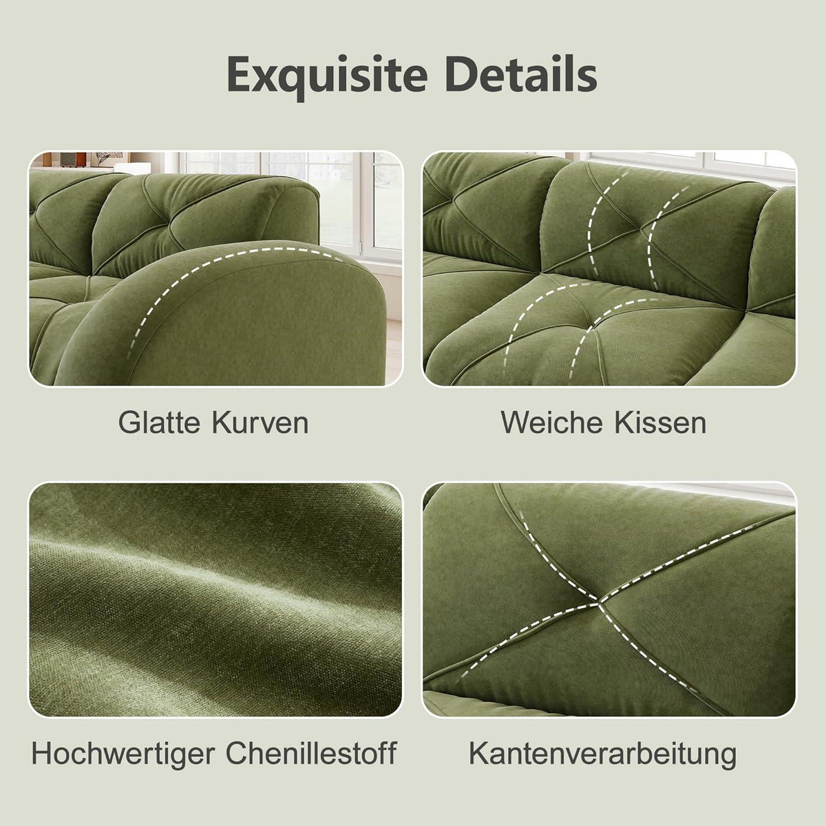 Großes L-förmiges Cord Sofa 4-Sitzer mit Fußhocker (Grün)