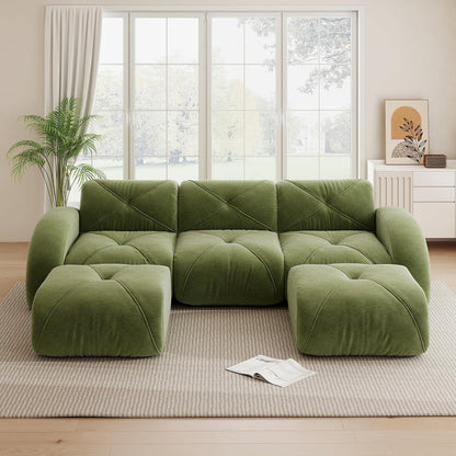 Großes U-förmiges Cord Sofa 3-Sitzer + 2 Fußhocker, Grün