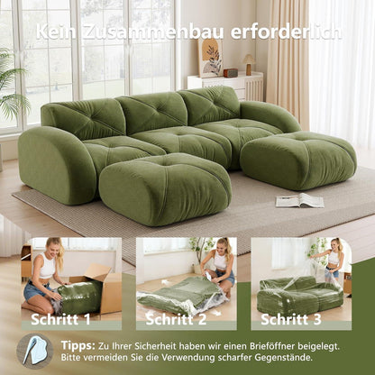 Großes U-förmiges Cord Sofa 3-Sitzer + 2 Fußhocker, Grün