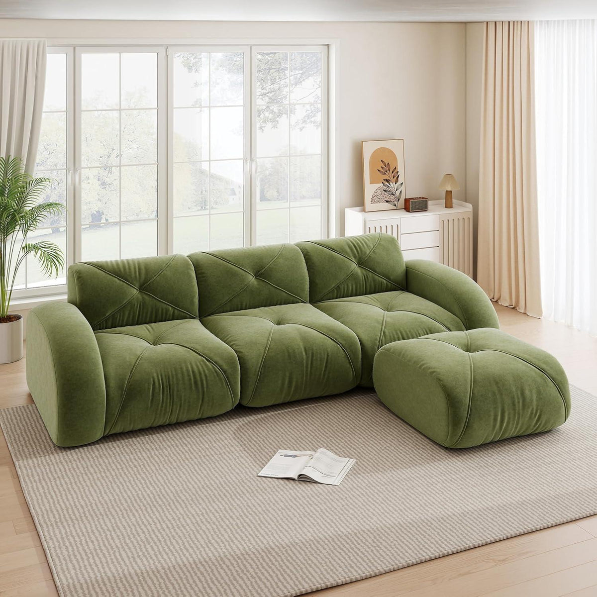 Modernes Cord Sofa 3-Sitzer mit Fußhocker – Grün