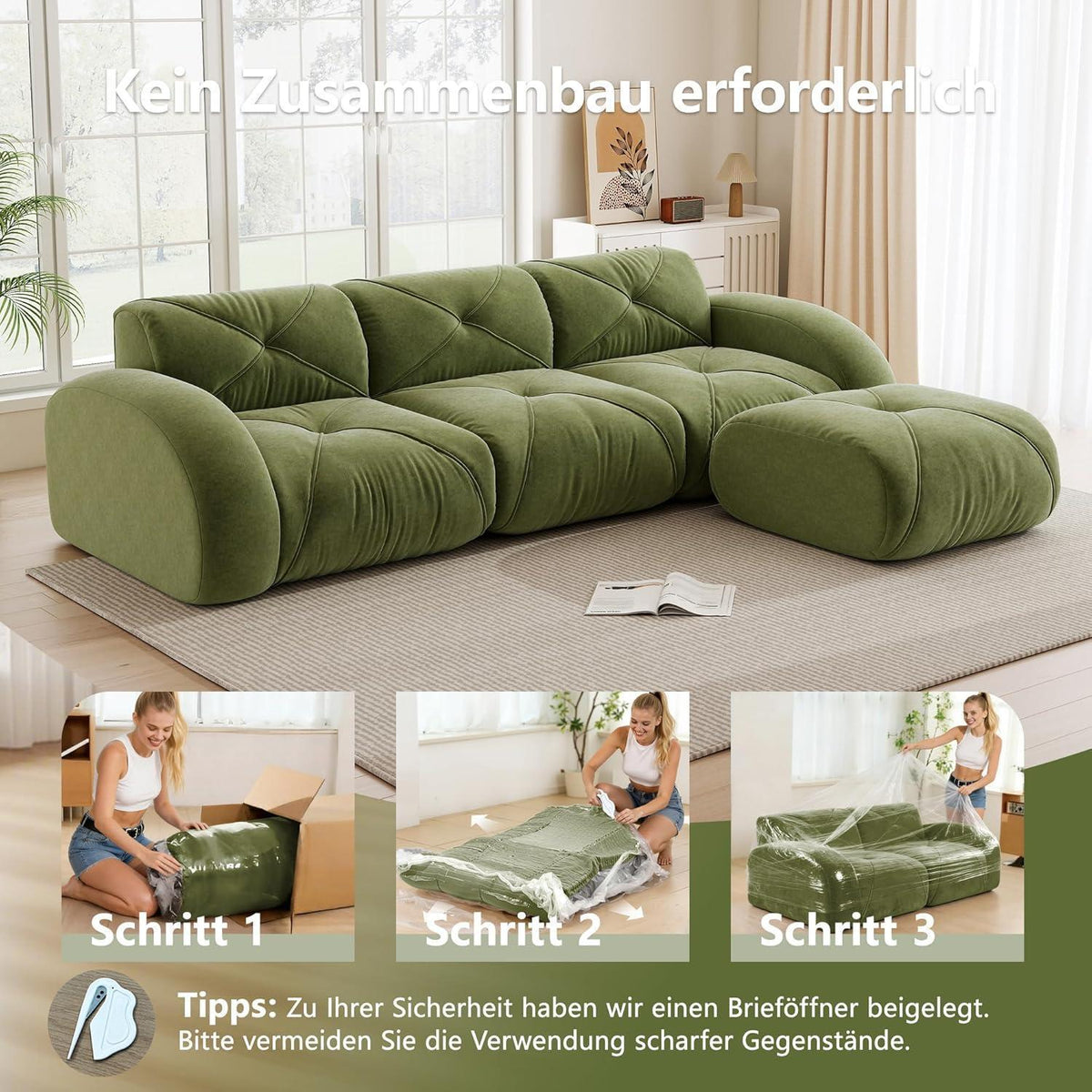 Modernes Cord Sofa 3-Sitzer mit Fußhocker – Grün