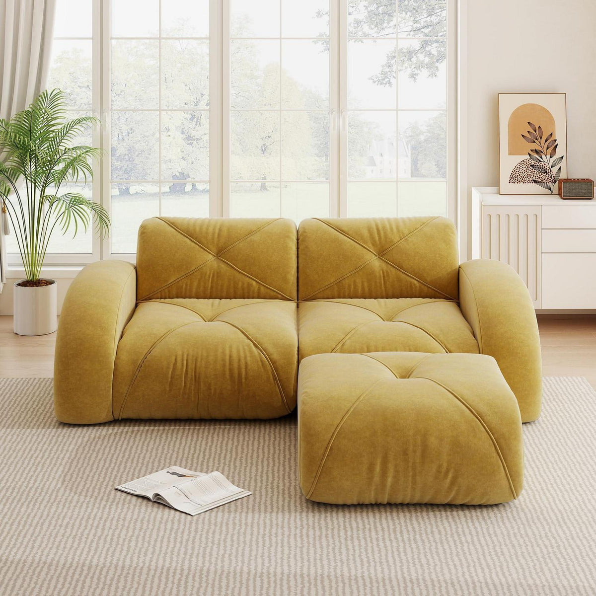 L-förmiges Ecksofa 2-Sitzer mit Fußhocker, Gelb