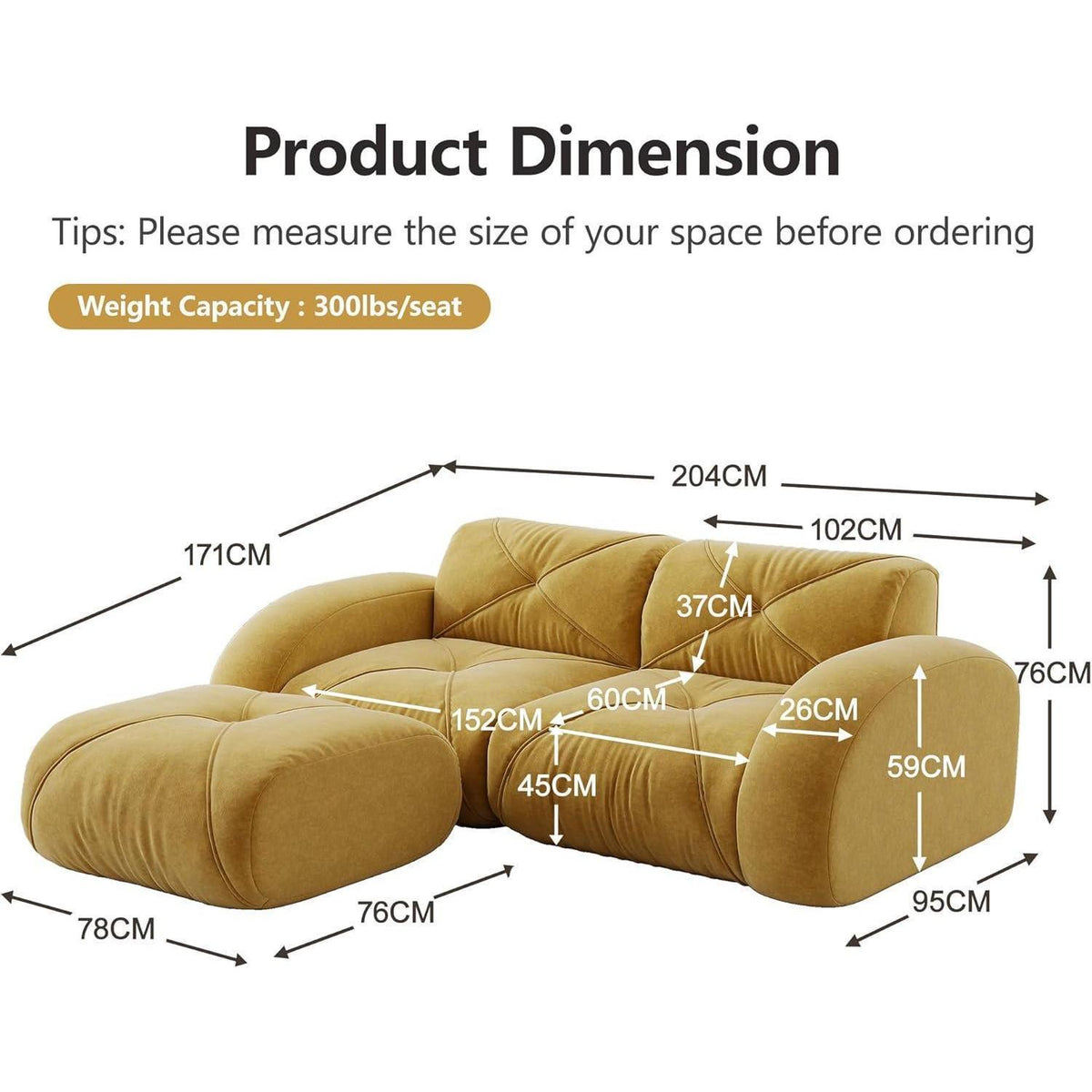 L-förmiges Ecksofa 2-Sitzer mit Fußhocker, Gelb