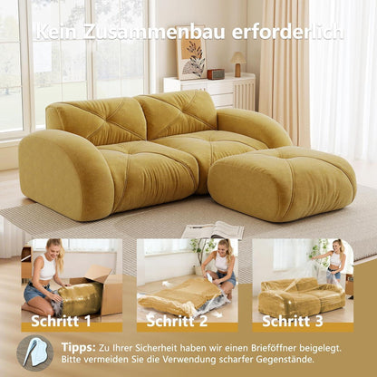 L-förmiges Ecksofa 2-Sitzer mit Fußhocker, Gelb