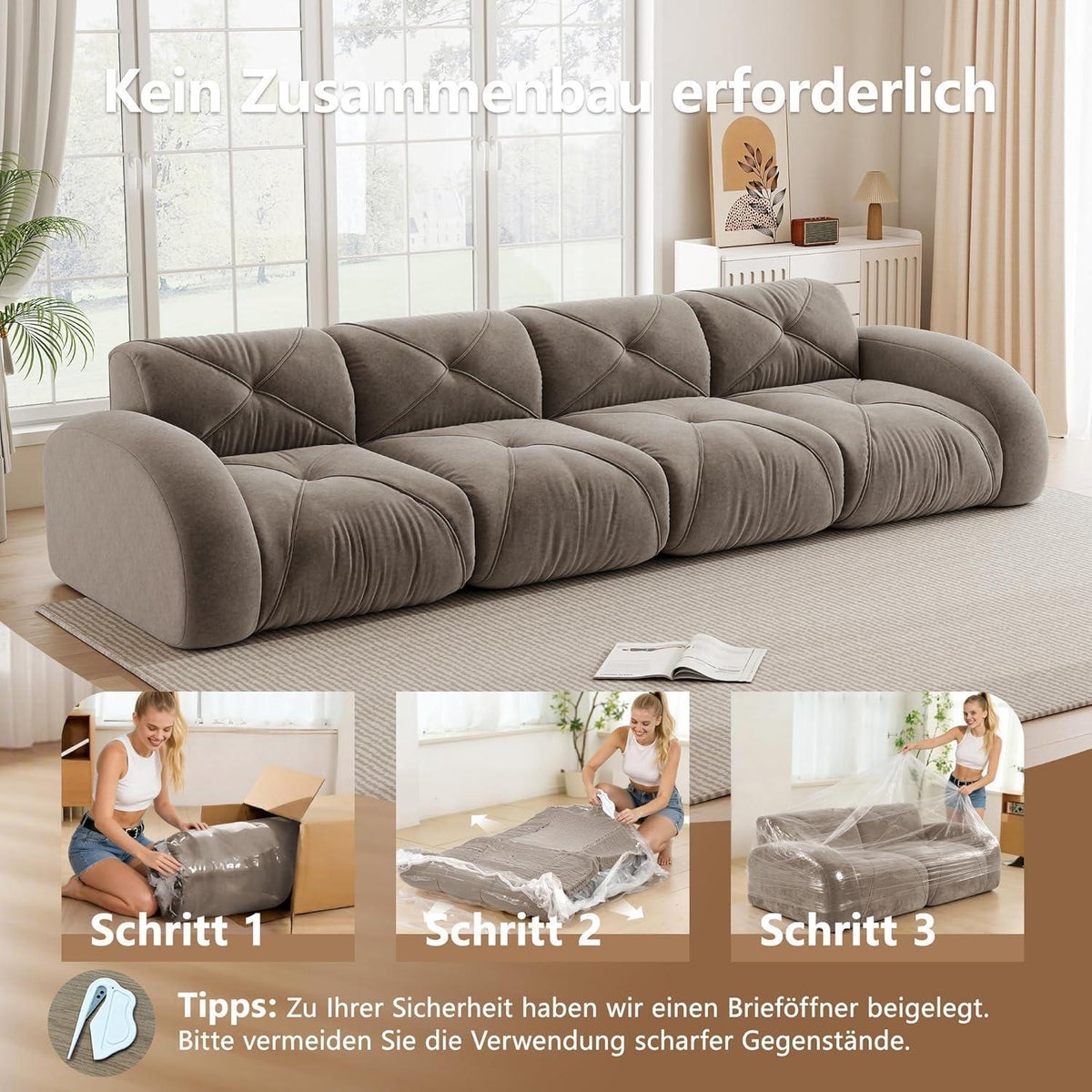 Modernes 4-Sitzer Cord Sofa Braun – Rahmenlos & Komfortabel