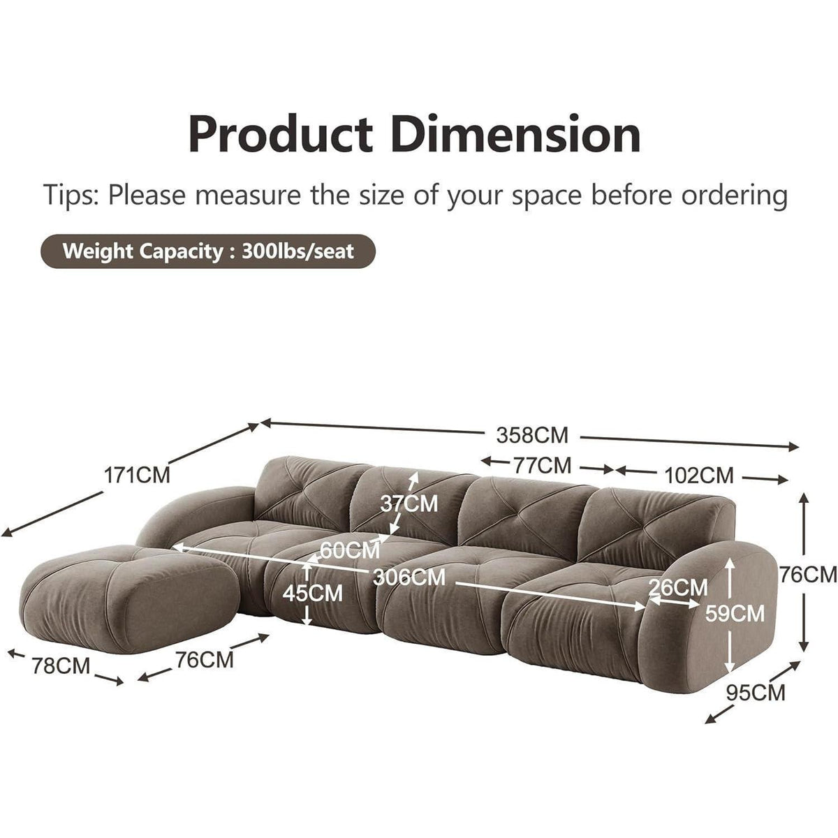 Großes L-förmiges Cord Sofa 4-Sitzer mit Fußhocker (Braun)