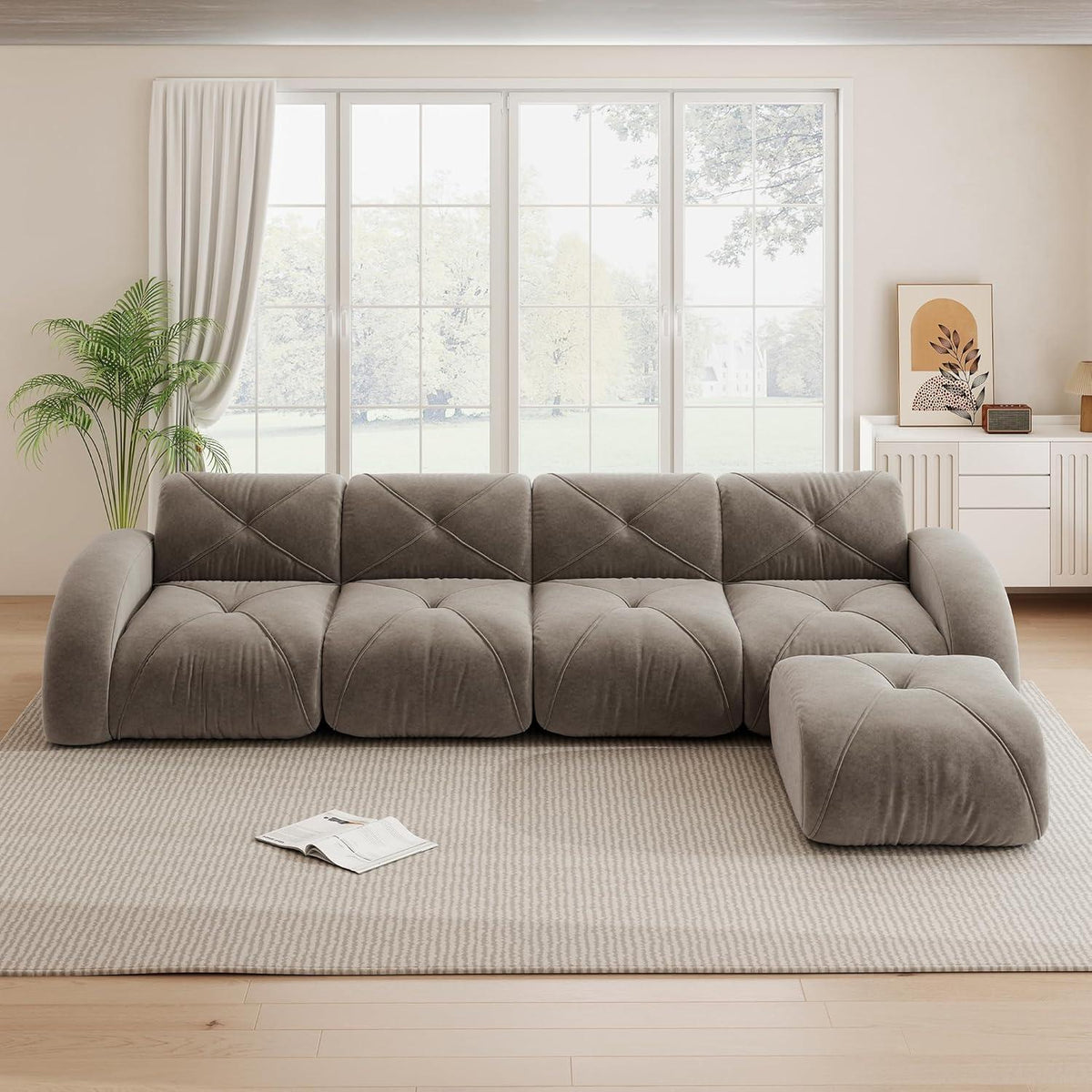 Großes L-förmiges Cord Sofa 4-Sitzer mit Fußhocker (Braun)