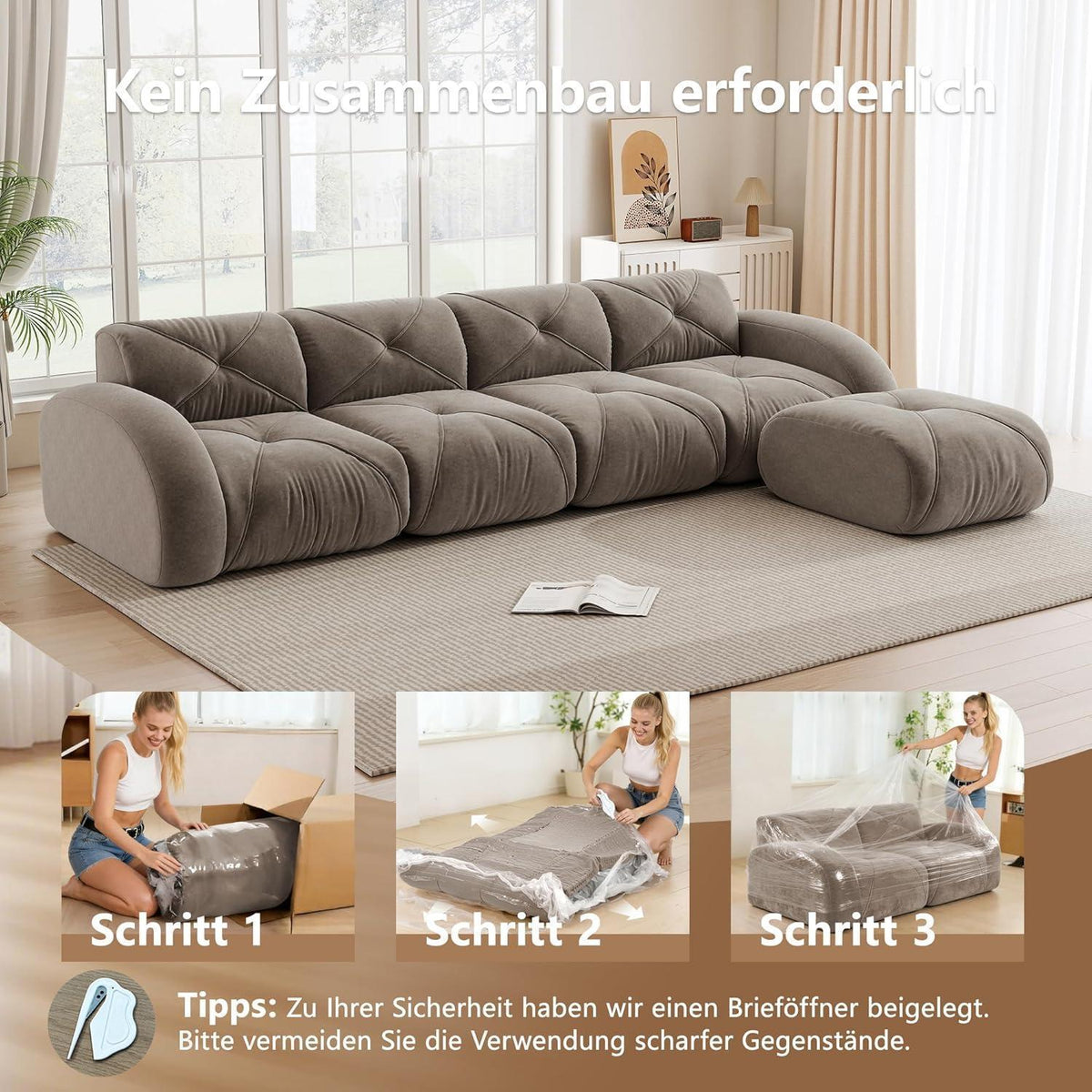 Großes L-förmiges Cord Sofa 4-Sitzer mit Fußhocker (Braun)