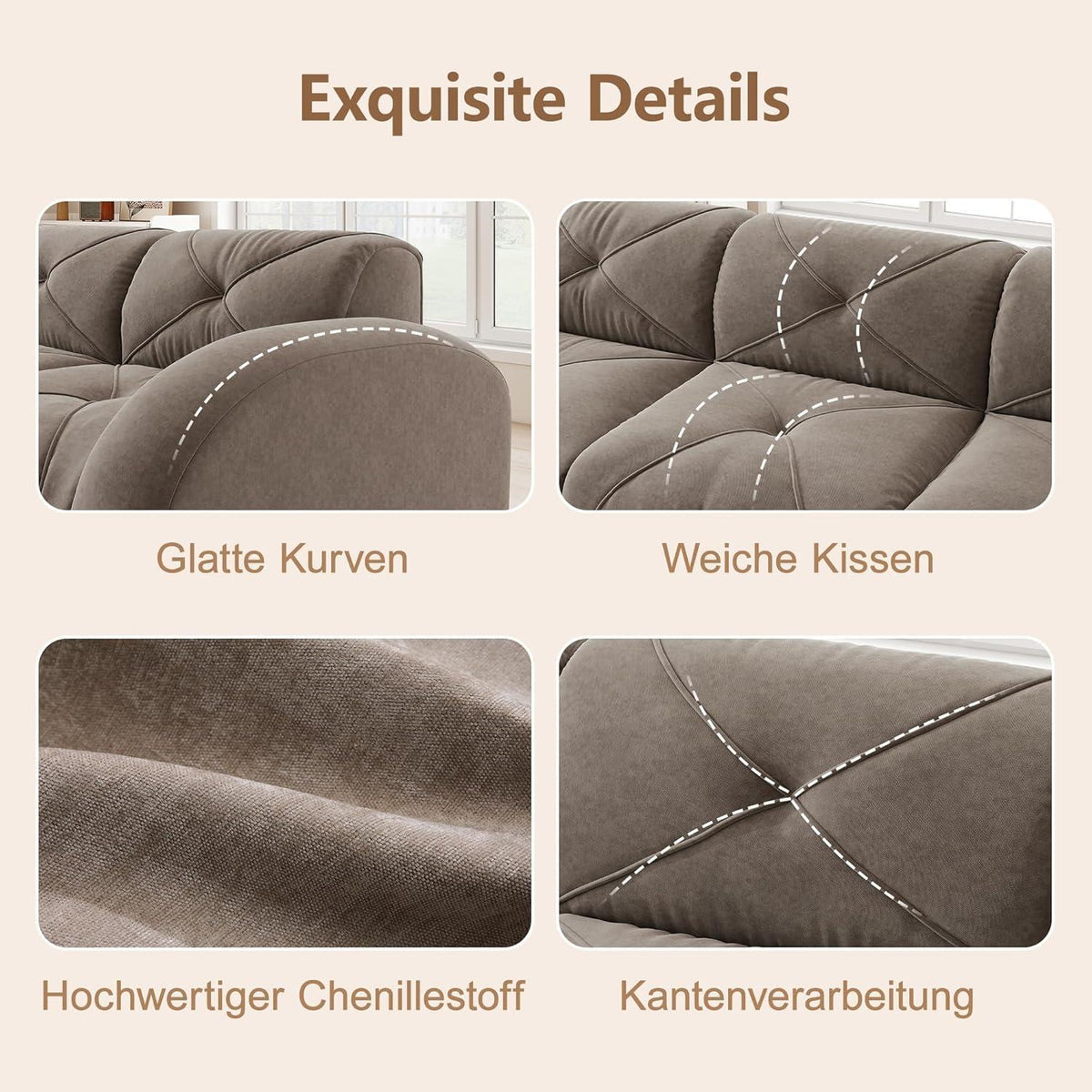 Großes L-förmiges Cord Sofa 4-Sitzer mit Fußhocker (Braun)